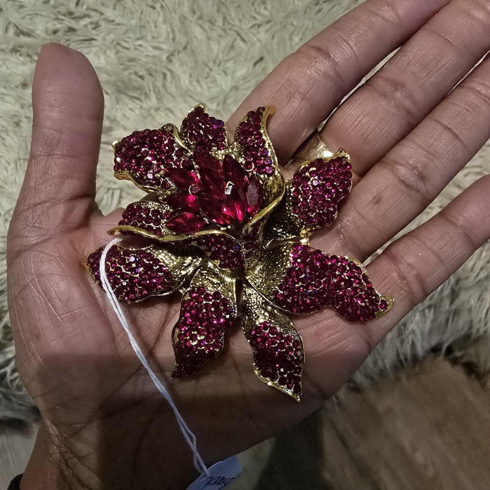 Extravagantly Large Ruby Red Rhinestone Floral Br… - image 1